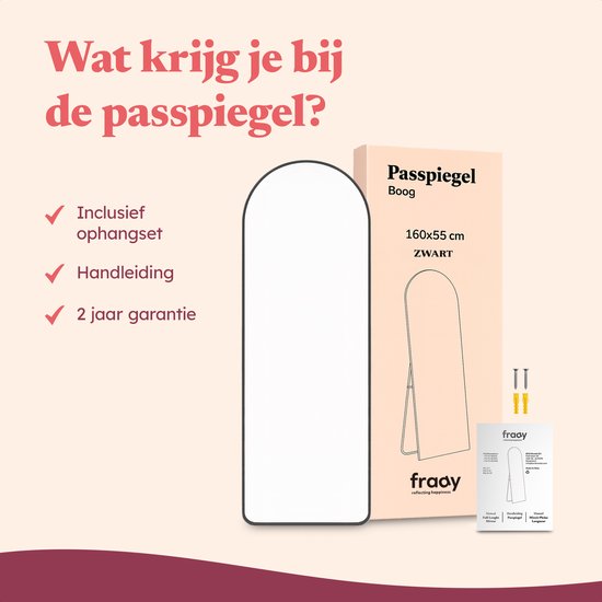 Fraay Passpiegel 160x55cm - Staand & Hangend - Minimalistische Wandspiegel - Staande Spiegel - Zwart Mat