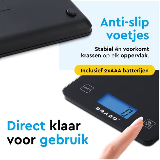BRASQ Digitale keukenweegschaal Zwart - Inclusief batterijen - Weegschaal Keuken met Tarra-functie - Weegvermogen 10 KG - Precisie Weegschaal