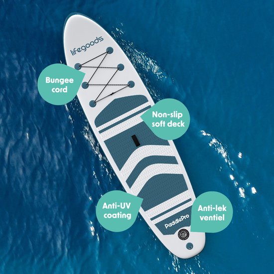 LifeGoods PaddlePro SUP Board - Opblaasbaar Paddle Board - Complete Set - Max. 135KG - 320x81cm - Wit/Deep Aqua