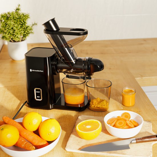 KitchenBrothers Slowjuicer - Mini Juicer - Groenten en Fruitpers - 40 mm en 50 mm invoer - 400 ml - Zwart