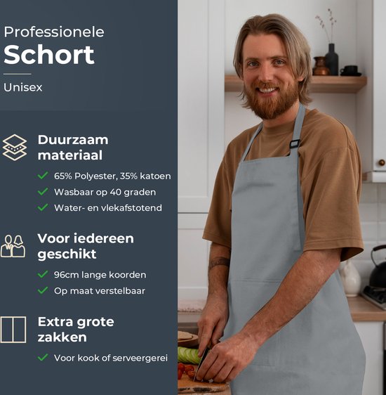 Keukenschort - Water- en vuilafstotend - Professioneel Kookschort - Schort voor Dames en Heren - Horeca Sloof - Unisex - Verstelbare Gesp - Extra Grote Vakken - Lichgrijs