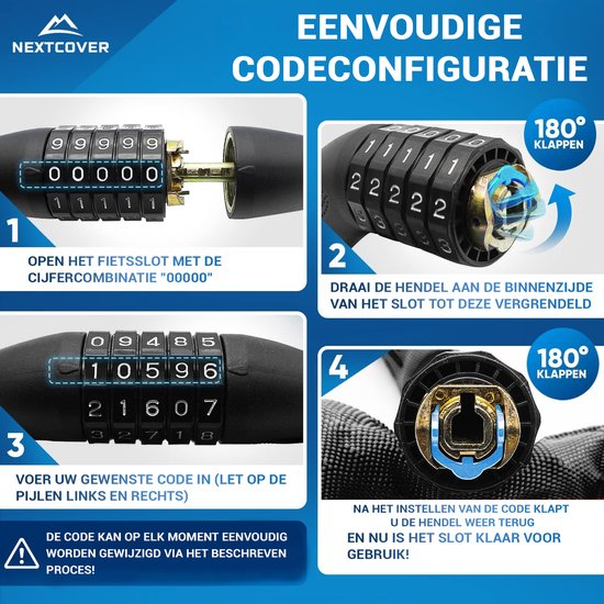 NEXTCOVER® Cijferslot Fietsslot - Het origineel - [SAFESECURE] Hoge veiligheid - Fietssloten met 5-cijferige cijfercode, cijferslot fiets staal - Fietsslot perfect voor e-bike - Kettingslot Zwart