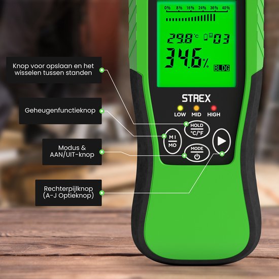 Strex Vochtmeter Digitaal - Voor Hout / Bouwmaterialen (o.a. Steen, Gips & Beton) - LCD Display - Vochtigheidsmeter - Vochtmeter Muren - Incl. Batterijen & Opberghoes