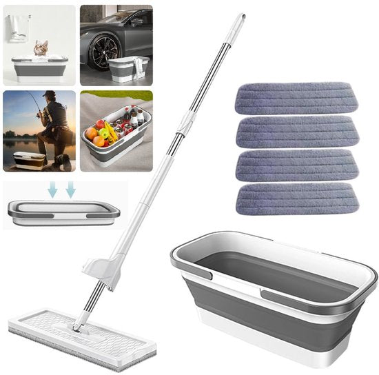 Fuegobird - Opvouwbare dweil- en emmerset - Opvouwbare multifunctionele emmer - Met wringerkit - Handsfree - Wordt geleverd met 4 wasbare microvezelmoppen - Nat en droog- Opvouwbare emmer - DWEIL