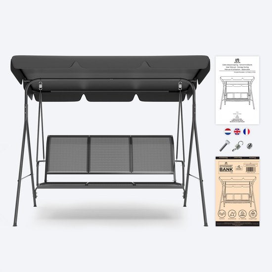 LifeGoods Schommelbank - 3-zits - tot 250KG - Kantelbaar Dak - UV-bestendig Zonnescherm - 172x104x162cm - Grijs
