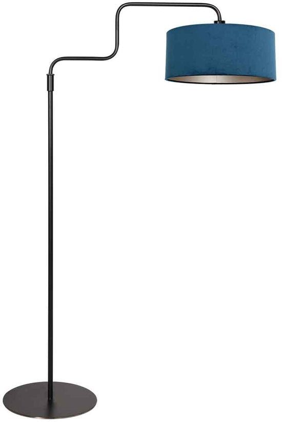 Zwarte Vloerlamp Bloeba 4169ZW van Steinhauer met verstelbare hoogte (150-165 cm) en uitrekbare zwenkarm tot 66 cm, metalen basis met blauwe velours kap Ø40cm, trendy design voor binnen.