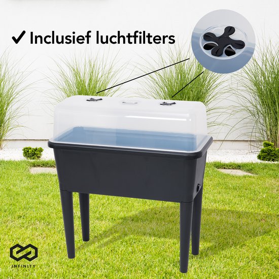Infinity Goods Kweektafel Op Poten XXL - Kweekbak - Rechthoekig - 76 x 37 x 85 cm - 70L - Buiten Binnen - Deksel - Zwart