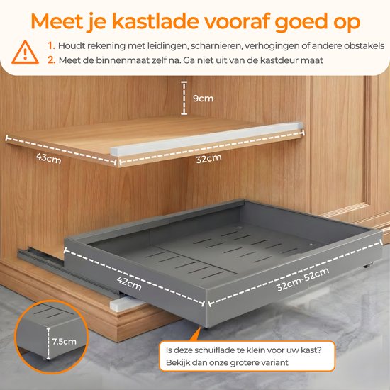 Posity Schuiflade – Keukenkast Organizer – Gootsteenkast/Lade Organizer - binnenlade keuken – Uittrekbaar en Verstelbaar (32-52 cm) – Telescopisch – Grijs