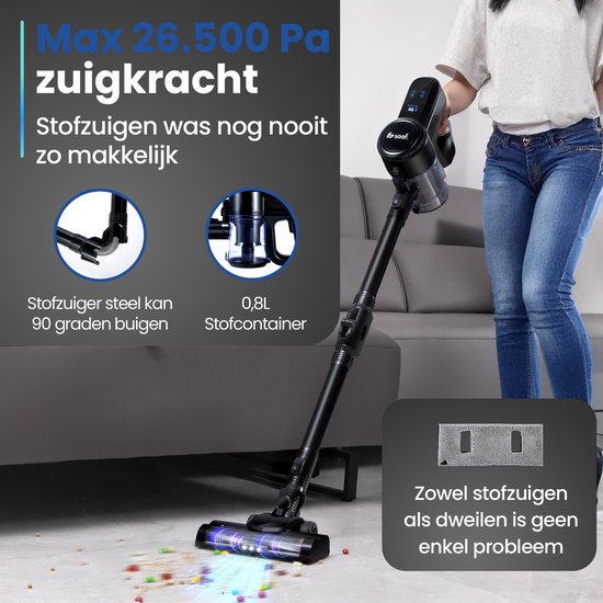 Saaf G90M Steelstofzuiger met Dweilfunctie - 8-delige set met Buigbare Steel - 26.5Kpa - Stofzuiger zonder Zak - 200W - Draadloos - Zwart
