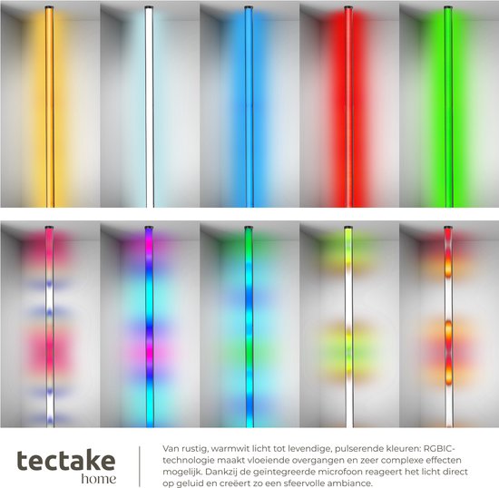 tectake® Slimme LED Vloerlamp Spectra - Hoeklamp met 16 miljoen Kleuren - 200 Lichteffecten - Staande Smart Lamp - 145 cm - Dimbaar - Bediening met App, Afstandsbediening, Knop en Spraak - Woonkamer Vloer Lamp - Sfeerverlichting