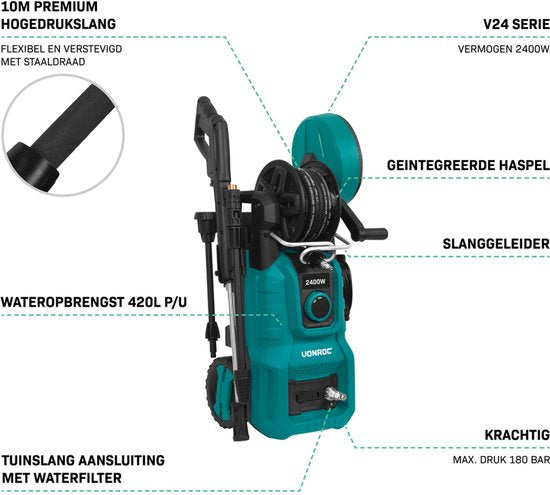 VONROC Hogedrukreiniger V24-2 - 2400W – 180 bar - Incl. terrasreiniger, schuimsproeier en accessoires