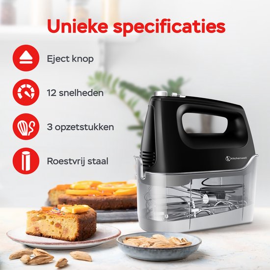 Kitchenwell Handmixer - 6 snelheden en turbofunctie - 400W – Kloppers & Deeghaken & Garde - Incl. opbergdoos