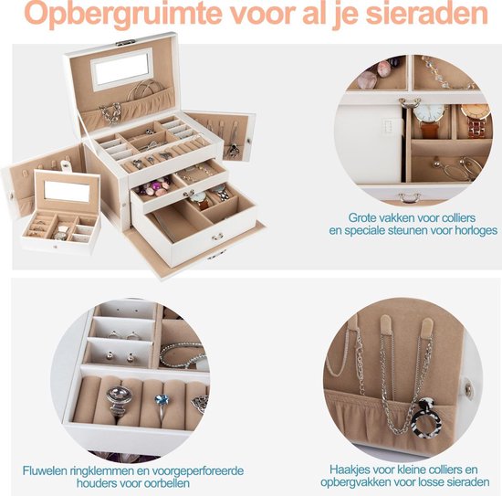 LifeGoods Sieradendoos XL - Juwelendoos - 20 Vakken - Wit/Beige