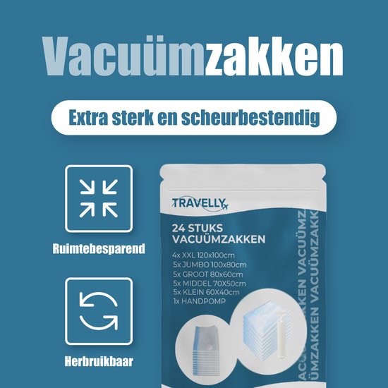 Travelly® Vacuümzakken & Reiszakken Set – Kleding Opbergen & Reizen – Luchtdicht – Inclusief Pomp - Herbruikbaar – Ruimtebesparend – Set van 24 – Transparant