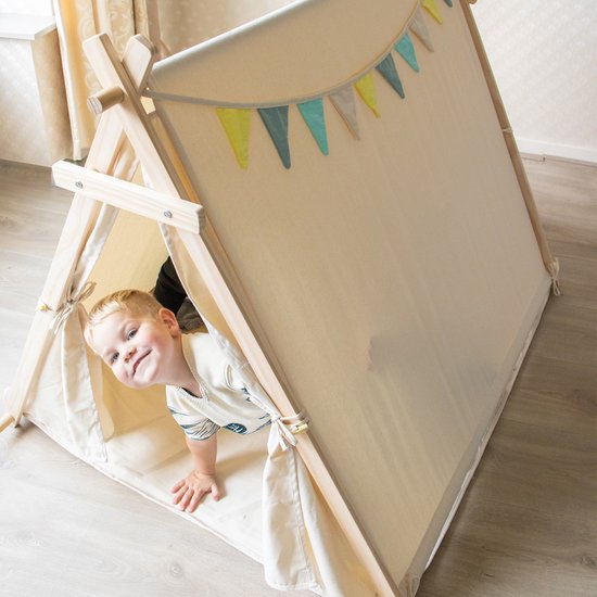 Sunny Sienna Speeltent met vlaggen en vloermat Crème – Wigwam Tipi Tent voor kinderen met Slinger & Opbergtas - Stokken FSC hout - 120x100x105cm