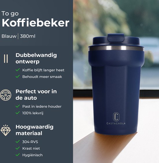 Castagnola Thermosbeker - Koffiebeker To Go - Travel Mug voor Koffie en Thee - Theebeker - 380 ML - RVS - Donkerblauw - Octagon