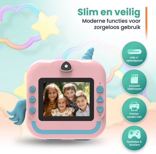 ODESSEY Kindercamera met Printer - Full HD - Selfie Camera - 32GB SD Kaart - Foto - Video - Spelletjes - Digitale Camera Kinderen - Fototoestel voor kinderen - Eenhoorn