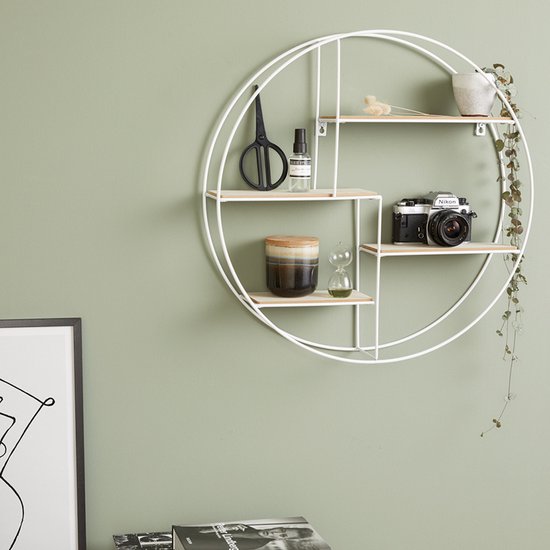 LIFA LIVING Wandrek Ronda - Wandplank Industrieel - Metaal en MDF Hout - 4 Planken - Rond Kruidenrek - Wit - Voor Keuken, Slaapkamer, Woonkamer - 55 x 11 x 55 cm