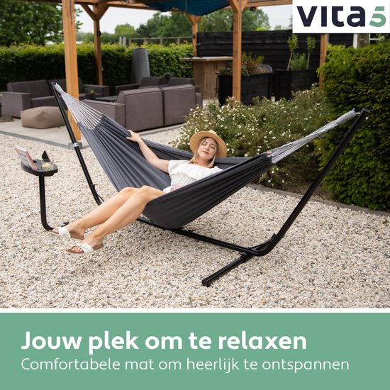 Vita5 Hangmat met Standaard 2 Persoons - Incl. Bekerhouder - Draaggewicht 205 kg - Donker Grijs - Verstelbare Lengte - Incl. Draagtas