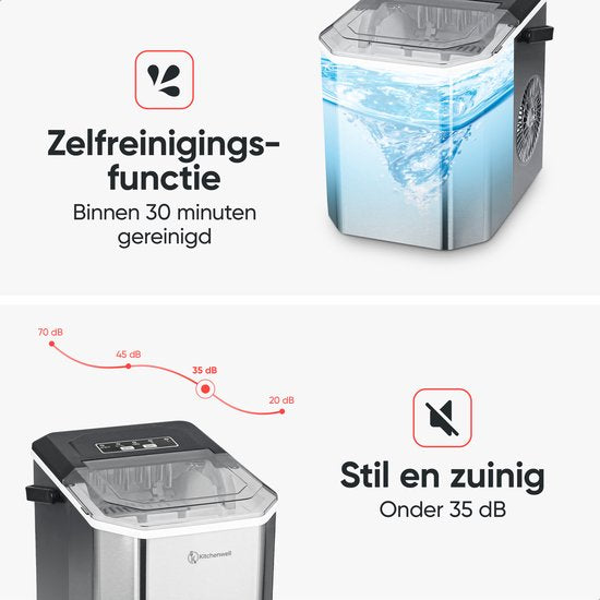 Kitchenwell IJsblokjesmachine - 1.3L - IJsblokjesmaker - IJsschep – 12kg/24 uur - Draagbaar - Zelfreinigingsfunctie - RVS
