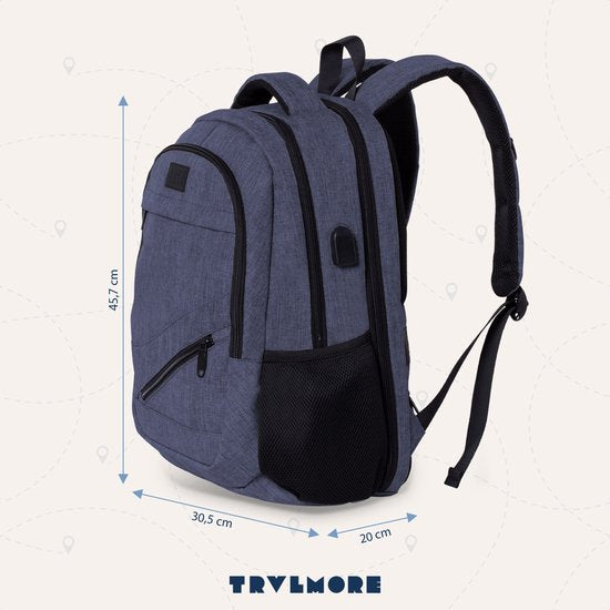TRVLMORE Rugzak - 28L - 15,6 inch - Laptop Rugtas - Schooltas - Heren en Dames - Laptoptas - Spatwaterdicht Blauw