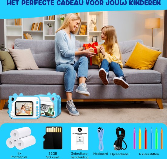 K&L® 3 IN 1 Digitale Kindercamera + Instant print + speelcamera - 32GB micro sd kaart - camera kinderen - Vlogcamera met games - Fototoestel voor Kinderen - Klein Formaat Speelgoed - Met videofunctie - Blauw