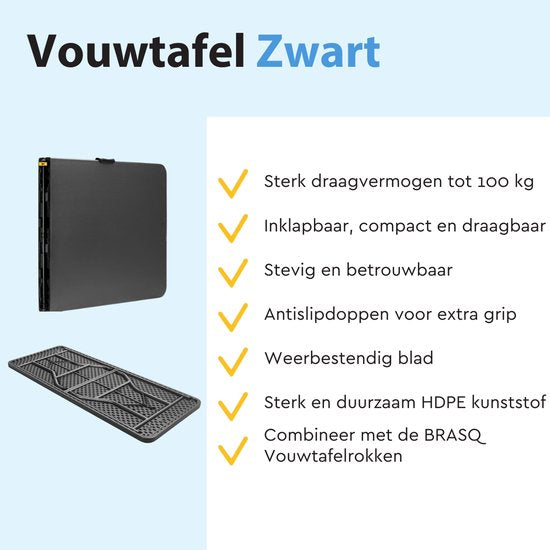 BRASQ Inklapbare Vouwtafel Zwart - 180x70x74cm- Campingtafel - Klaptafel - Weerbestendig - Tafel met draaghandvat