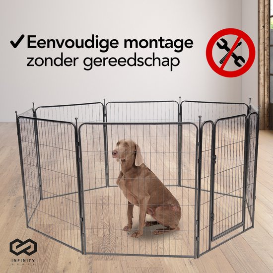 Infinity Goods Hondenren - Puppyren - 8 Panelen - 80 x 80 CM - 640 CM Omtrek - Opvouwbaar - Met Deur - Staal - Zwart