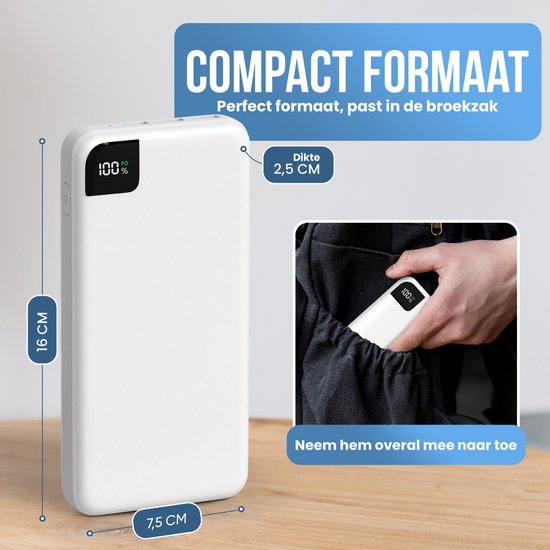 Strex Powerbank Wit - 27.000 mAh - 22.5W Snellader - USB-A/USB-C - LED Indicatie - Universele Powerbank geschikt voor o.a. iOS/Android