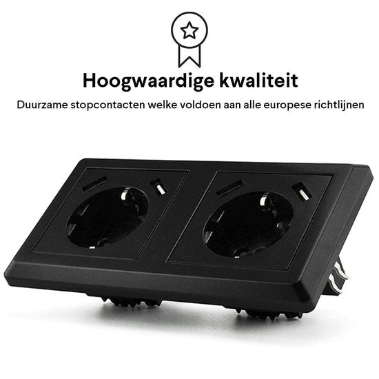 Homra Brock Dubbel USB Stopcontact Zwart - Inbouw Wandcontactdoos - Glanzend Kunststof - Zwarte Wanddoos - Contactdoos - 5.600mA - 220 volt - USB Oplader - Snel Opladen - Fast Charge - Randaarde - 80x80mm