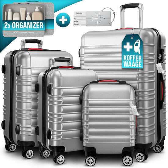 Monzana 4-delige Hardcase Kofferset - Handbagage M L XL Trolleys - Zilver