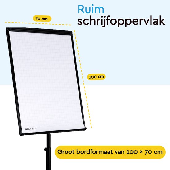 BRASQ Flipover Verrijdbaar Deluxe -70x100 cm - Verstelbaar Whiteboard - Inclusief 25 vellen papier en accessoires - met Uitschuifbare Armen - Magnetisch bord met Haken - Magneetbord - Zwart