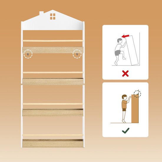 SoBuy KMB121-WN Boekenkast voor kinderen, 4 niveaus, meubels, speelgoed, boekenkast, opbergkast, plank, slaapkamer, wit/naturel, 60 x 15 x 130,5 cm