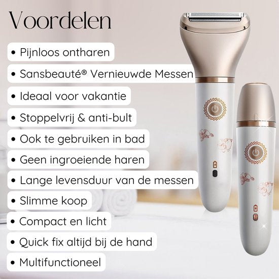 2-in-1 Ladyshave + Extra Scheerkop – Gezicht, Oksels, Benen, Bikinilijn – USB Oplaadbaar – Sansbeauté®