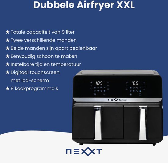 Nexxt Digitale Dubbele Airfryer XXL - Heteluchtfriteuse met Touchscreen – Inhoud 5,5 + 3,5 Liter – 8 Kookprogramma's - Zwart