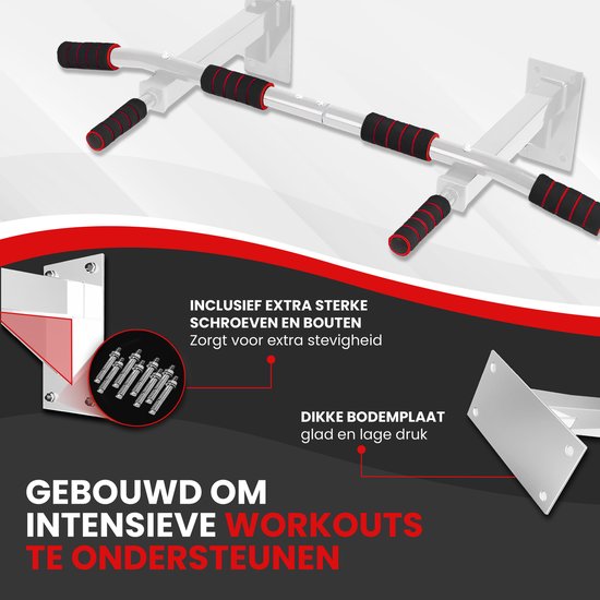 TTD® Premium Pull Up Bar - Pull Up Station - Optrekstang Wandmontage - Dip Station - Dip Bars - Thuis Sporten - Thuis Fitness - Premium materialen - Extra stevige montage onderdelen - Home workout - Wit/Rood