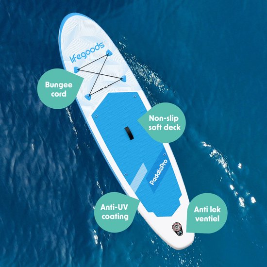 LifeGoods SUP Board Allround Compact - Met Zitje - 100 KG Draagkracht - 300 x 76 cm - Opblaasbaar - Compleet SUP pakket - Sky Blue