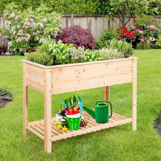 Coast Houten Plantenbak Verhoogd Bed met Opbergplank voor Groeiende Planten 92 x 41x 81 cm
