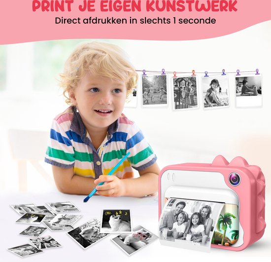K&L® 3 IN 1 Digitale Kindercamera + Instant print + speelcamera - 32GB micro sd kaart - camera kinderen - Vlogcamera met games - Fototoestel voor Kinderen - Klein Formaat Speelgoed - Met videofunctie - Roze