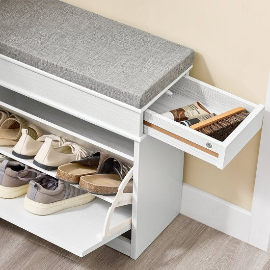 SoBuy FSR82-K-WG Schoenenkast entreebank – schoenenbank met toiletzitting en schoenenopbergkussen voor hal, woonkamer 61 x 24 x 51 cm, capaciteit 113 kg, wit antiek houteffect