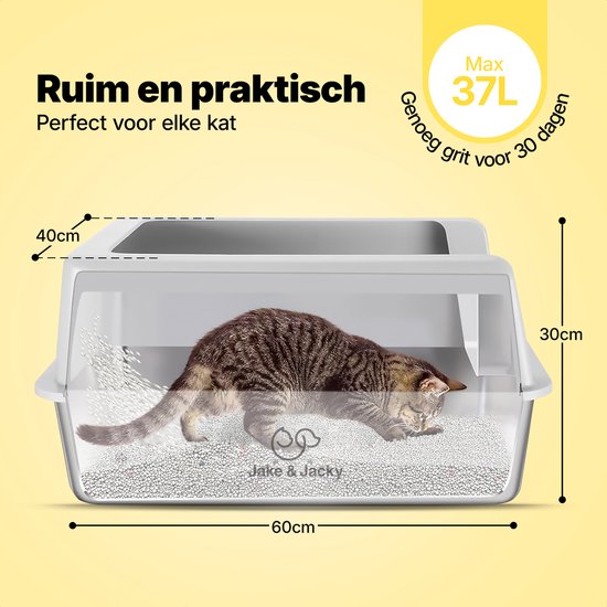 Jake and Jacky RVS Kattenbak - Kattentoilet Roestvrijstaal - Open Kattenbak - Incl. Kattenbakschep met Houder en Gritopvang Opstapje - 60x40x30cm