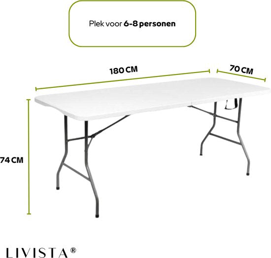 Livista® Klaptafel - Inklapbare Tafel - 180 x 70 cm - Vouwtafel - Antislip en Weerbestendig - Wit
