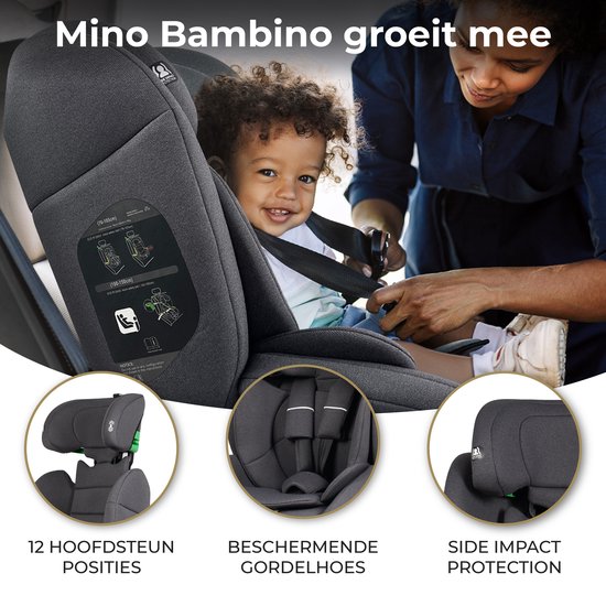 Mino Bambino i-Size Autostoel – Autostoel - Groep 1/2/3 (76–150 cm) – Grijs