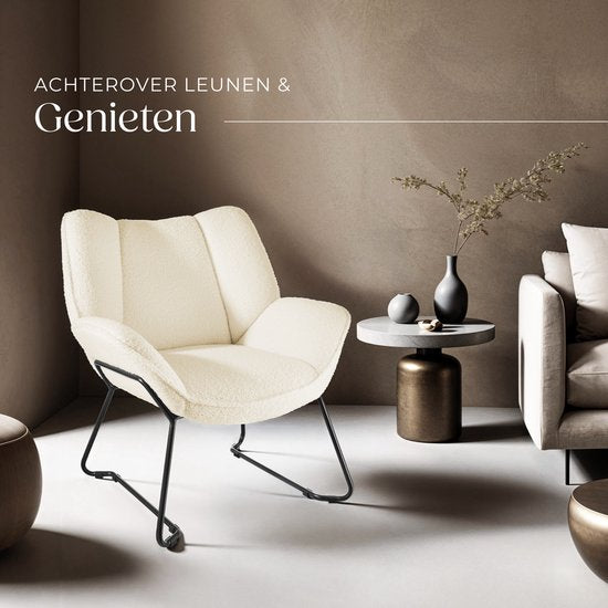 tectake® Loungefauteuil - Ronde relaxfauteuil - Teddyfauteuil - Gestoffeerde stoel - Bouclé bekleding - Leesfauteuil van pluche - Scandinavische stijl - creme wit