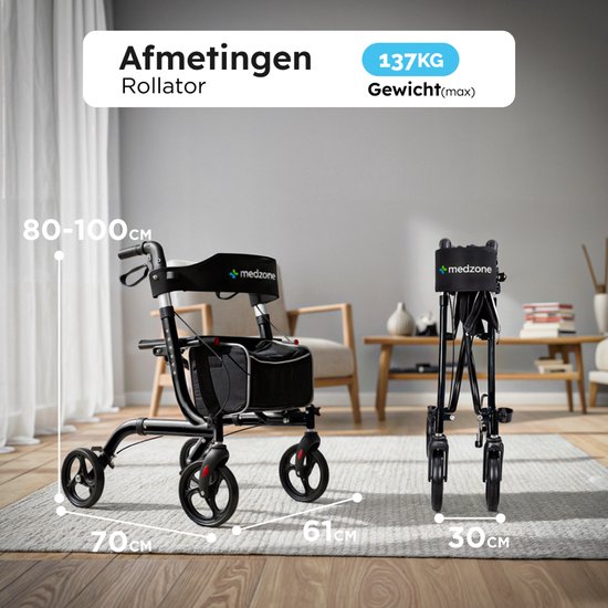 Medzone Rollator Lichtgewicht en Opvouwbaar - Binnen en Buiten - Zitfunctie - Rugleuning en Wandelstok Houder - Zwart