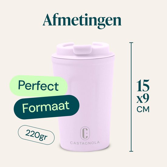 Castagnola Thermosbeker - Koffiebeker To Go - Reismok voor Koffie en Thee - Theemok - 380 ML - RVS - Paars