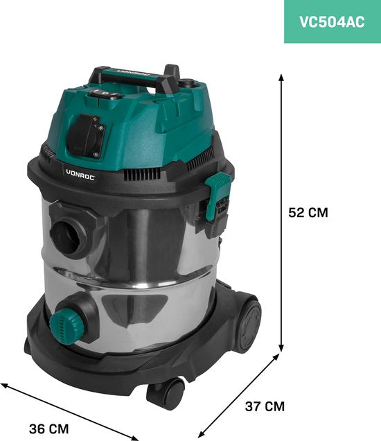 VONROC Nat- en droogzuiger / Stofzuiger - 1400W – Inschakelautomaat - Blaasfunctie – 20L RVS tank – 3m slang - 6m stroomkabel
