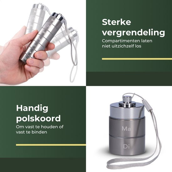 Gandria Pillendoos 7 Dagen - Uitneembaar Pillendoosje - Pillesdoosjes met 7 Compartimenten - Medicijndoos met Stevige Sluiting - Koker - Waterdicht - Grijs