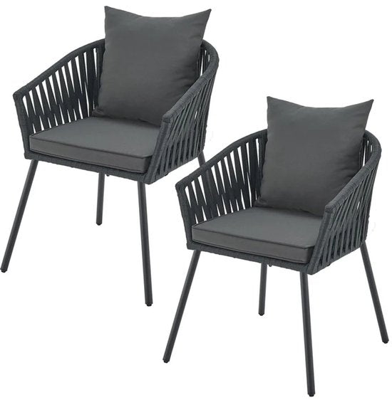 Juskys – Touwstoelen Set van 2 – 58 x 58 x 78 cm – Voorzien Van Afneembare Kussens En Elastisch Vlechtwerk – Voor Terras En Balkon – Donkergrijs Touw