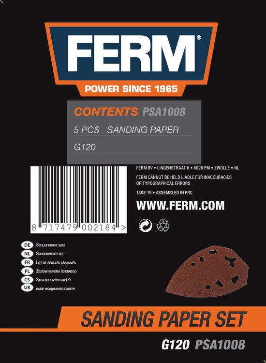 FERM - PSA1008 - Schuurpapier - P120 - 5 stuks - Met - Klittenbandrug - Stofgaten - 5 hoekig - Afmetingen: - 140x100x50mm - Universeel - Zeer geschikt voor - PSM1013 - Handpalmschuurmachine